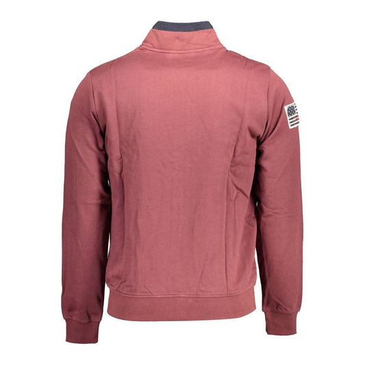 Back view of U.S. POLO ASSN. purple cotton men's sweater with American flag patch on sleeve, showcasing casual and stylish design.
