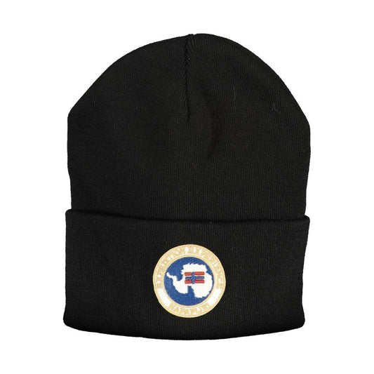 Napapijri black acrylic hat with logo application, stylish winter cap for warmth and fashion.