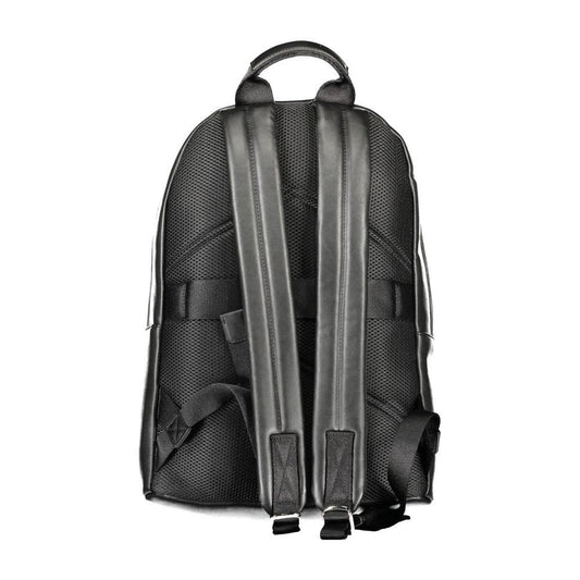 Back view of a black Calvin Klein men's backpack with adjustable straps and mesh design.
