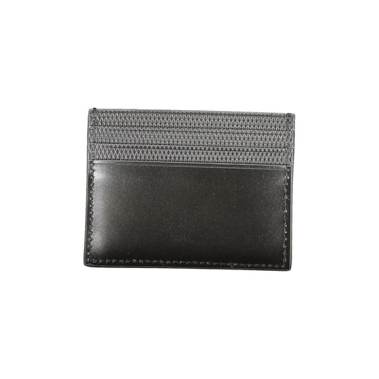 Calvin Klein black leather wallet with central card holder, contrast details, and logo design.