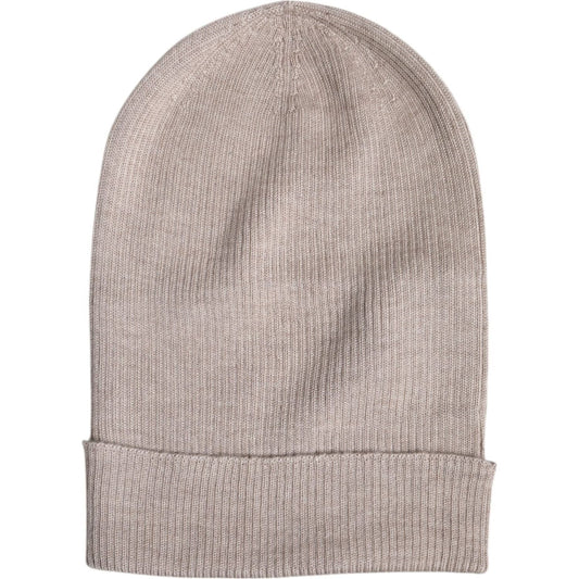 Dolce & Gabbana beige cashmere men’s knitted winter beanie hat made in Italy, featuring 70% cashmere and 30% silk blend.