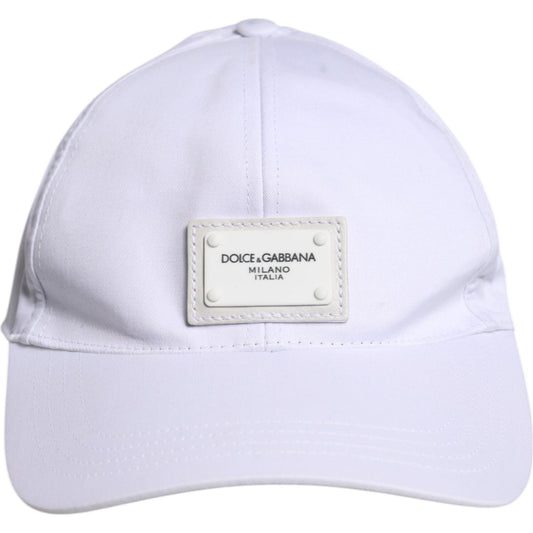 Dolce & Gabbana white baseball cap with DG logo plaque, made in Italy, cotton blend, 6 panels, minor top stains.