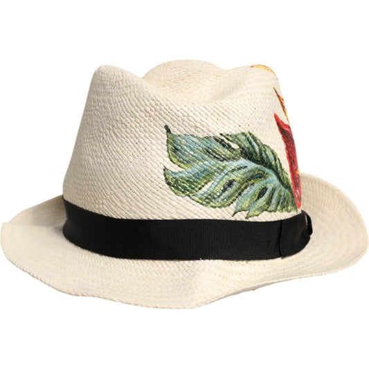 Dolce & Gabbana beige floral print straw fedora hat with black band, featuring green leaf and red flower, made in Italy.