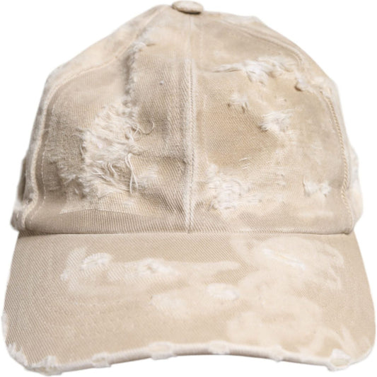 Dolce & Gabbana beige tattered cotton baseball cap, 6 panels, with logo details. Made in Italy, men's fashion accessory.