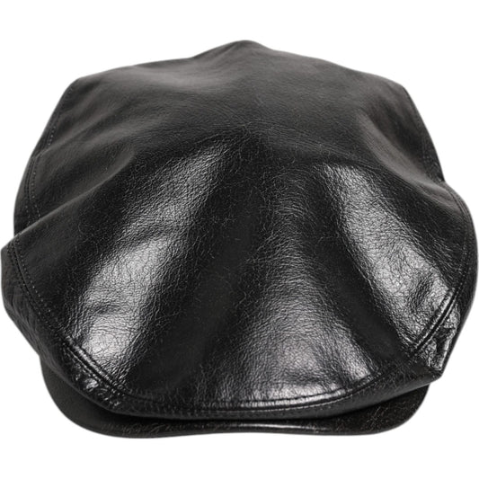 Dolce & Gabbana black calfskin newsboy cap with logo detail, men's designer fashion hat made in Italy