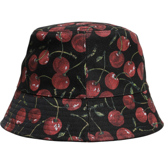Dolce & Gabbana black cotton printed wide brim bucket hat with cherry design, made in Italy.