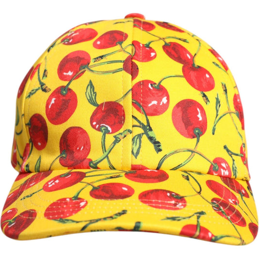 Dolce & Gabbana yellow baseball cap with cherry print, 100% cotton, men's fashion accessory, Made in Italy.