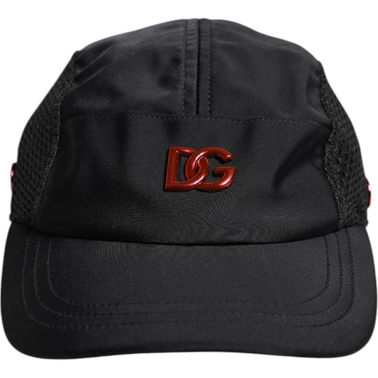 Dolce & Gabbana black nylon baseball cap with red DG logo, 6 panels, men's fashion accessory, made in Italy.