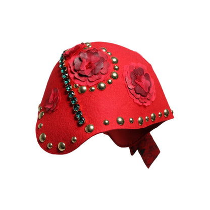 Dolce & Gabbana Red Crystal Gold Roses Brooch Embellished Hat