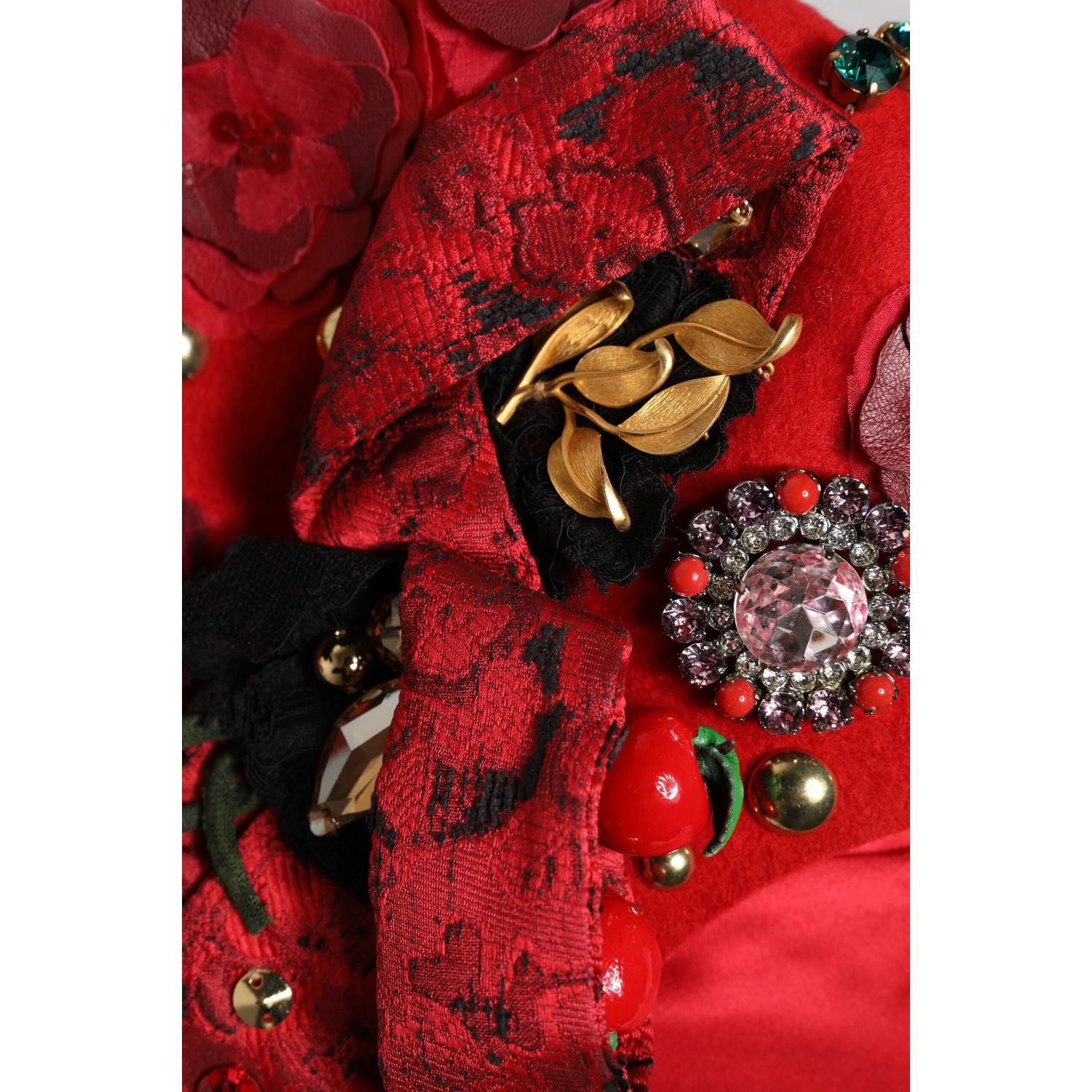 Dolce & Gabbana Red Crystal Gold Roses Brooch Embellished Hat