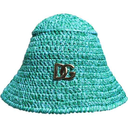 Dolce & Gabbana green crochet bucket hat with DG logo, 100% cotton, made in Italy.