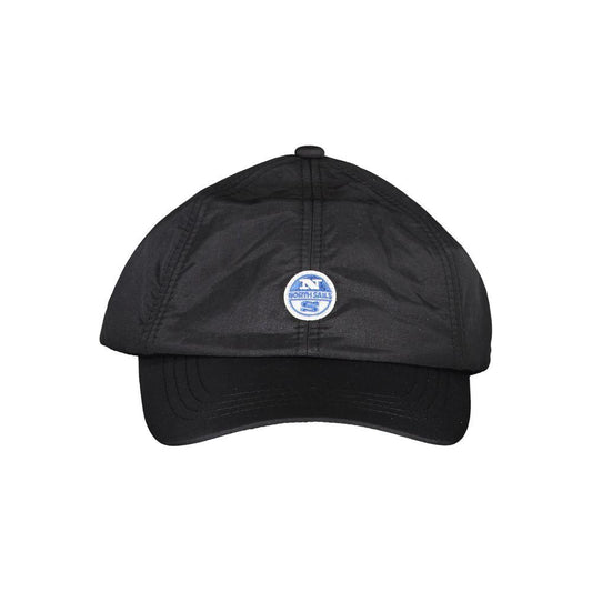 North Sails black nylon hat with visor featuring logo and recycled fibers.
