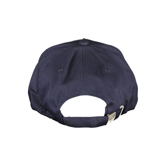 Back view of North Sails blue cotton hat with adjustable strap, made from organic cotton. Features print and logo design.