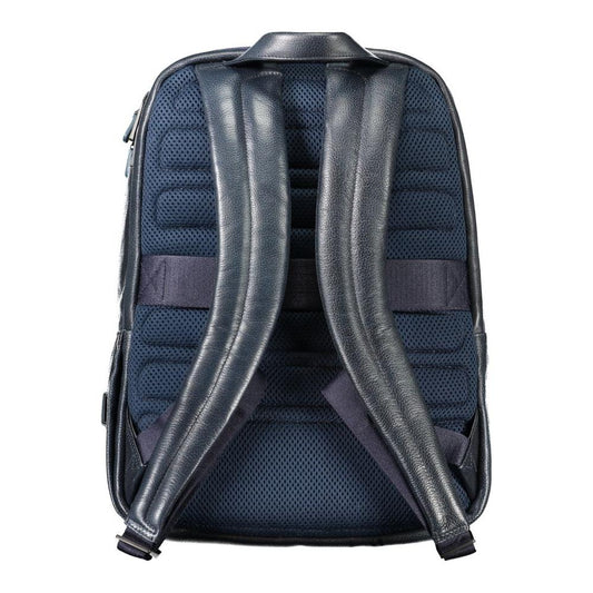 Back view of Piquadro blue leather men's backpack with adjustable shoulder straps, showcasing premium craftsmanship and comfortable design.