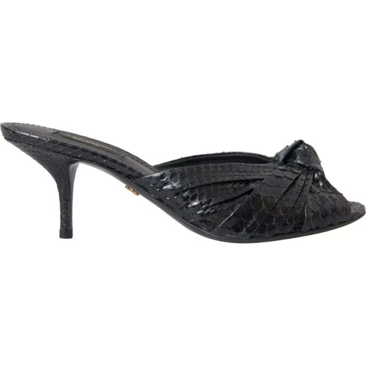 Dolce & Gabbana black python leather kitten heel slides with animal print, luxury sandals, elegant design, made in Italy.