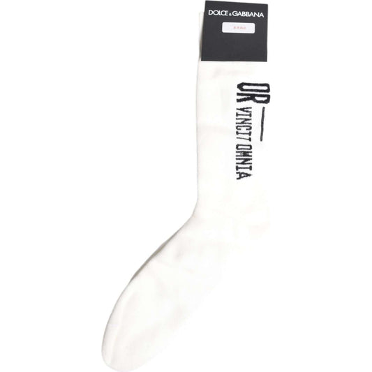 White Dolce & Gabbana OR VINCIT OMNIA mid calf socks for men with logo, made in Italy.