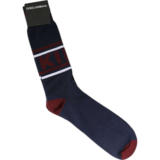 Dolce & Gabbana blue cotton mid calf men's socks with logo detail, 88% cotton, made in Italy.
