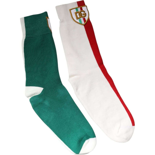 Dolce & Gabbana multicolor mid calf socks with DG logo patch, 75% cotton, 24% nylon, 1% elastane, made in Italy, men's fashion.