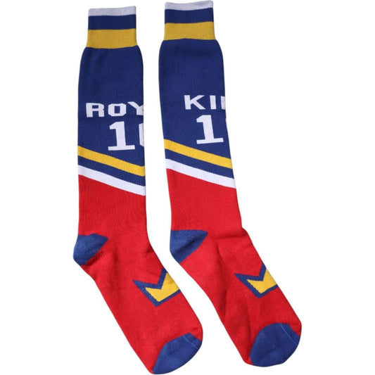 Dolce & Gabbana multicolor over calf socks with print, blue and red design, 88% cotton, made in Italy, brand logo details visible.