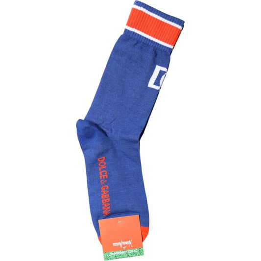 Dolce & Gabbana blue mid calf socks with DG logo, cotton stretch, unisex design, and logo details, made in Italy.