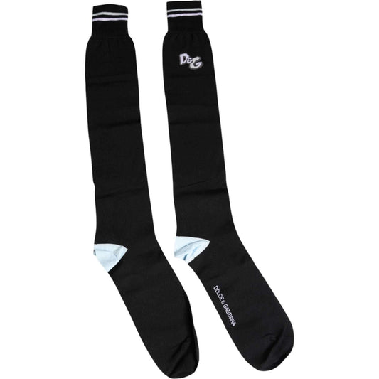 Dolce & Gabbana black over the calf socks with DG logo, made from cotton blend, unisex design, made in Italy, elegant fashion accessory.