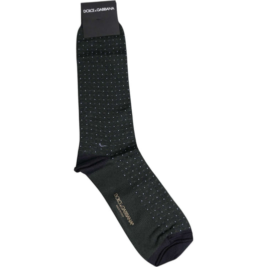 Dolce & Gabbana black polka dots mid calf cotton socks with logo, minor defect with pulled threads, 80% cotton, 20% nylon, made in Italy.