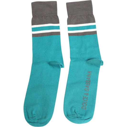 Dolce & Gabbana green gray mid calf socks with logo, cotton blend, unisex, made in Italy. Luxurious quality and style.