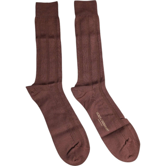 Dolce & Gabbana brown mid-calf socks with logo, unisex, cotton stretch blend, Italian made.