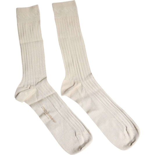 Dolce & Gabbana beige cotton mid calf socks with stretch and logo details, unisex design, made in Italy