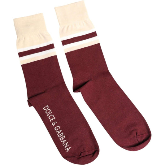 Dolce & Gabbana burgundy mid calf socks with logo print, cotton blend, unisex fashion accessory made in Italy.