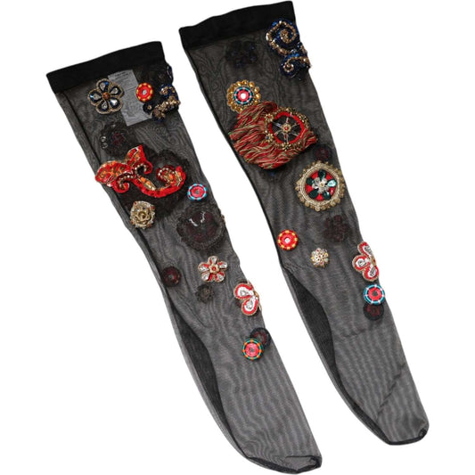 Dolce & Gabbana black crystal Carretto stockings with sequined embellishment, nylon stretch, multi-color details, gold metal, Italian-made.
