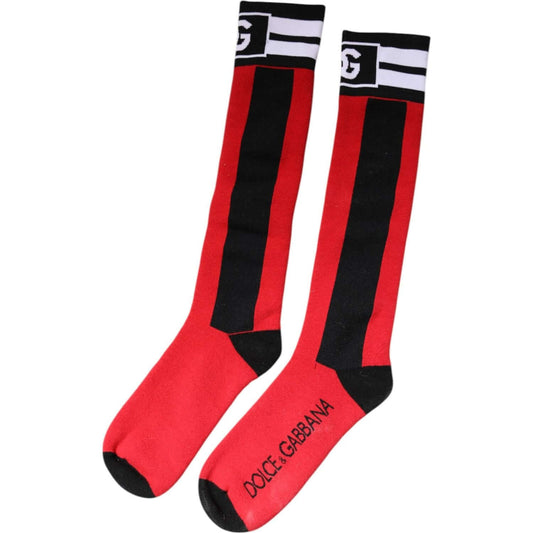 Dolce & Gabbana red over the calf cotton stretch socks with black stripe and logo, made in Italy, stylish and comfortable accessories.