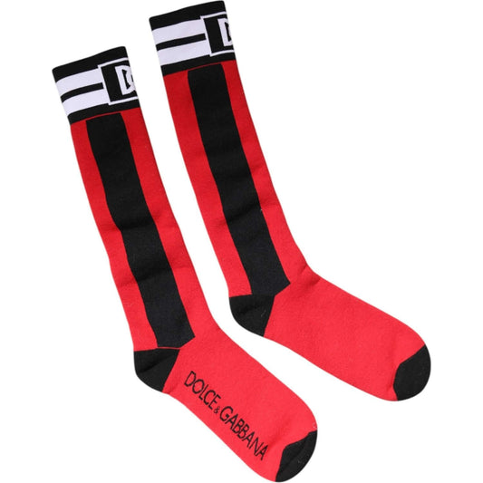 Dolce & Gabbana red cotton stretch over the calf socks with black stripes and logo, made in Italy.