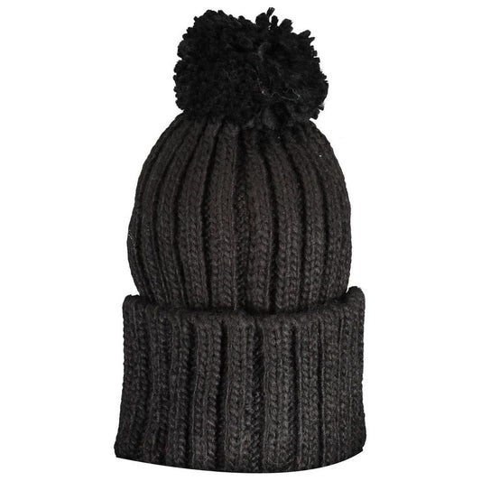 Black acrylic cap with pompon and embroidery, featuring a logo. Norway 1963 style hat, warm and stylish winter accessory.