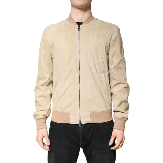 Dolce & Gabbana Beige Lambskin Full Zip Men Bomber Jacket JKT41365-52