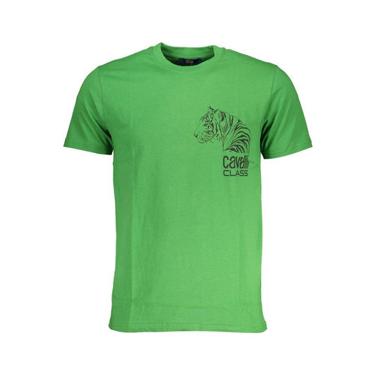 Cavalli Class green cotton T-shirt with short sleeves, crew neck, and printed logo design.