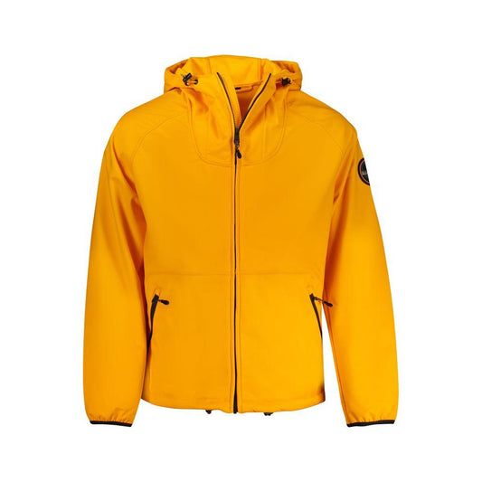 Napapijri orange polyester men's jacket with hood and pockets, showcasing modern style and vibrant color.