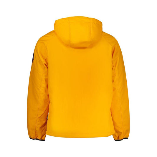 Napapijri orange polyester men's jacket with hood and long sleeves, featuring external pockets and iconic logo, rear view.