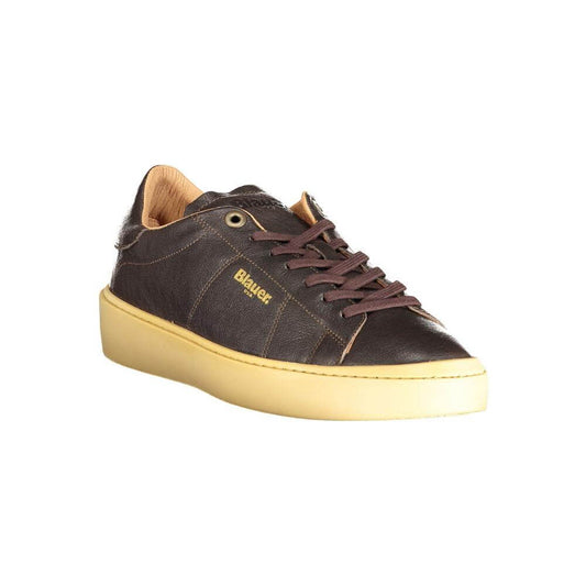 Blauer brown leather men's sneaker with contrasting beige sole and logo, offering style and customizable comfort.