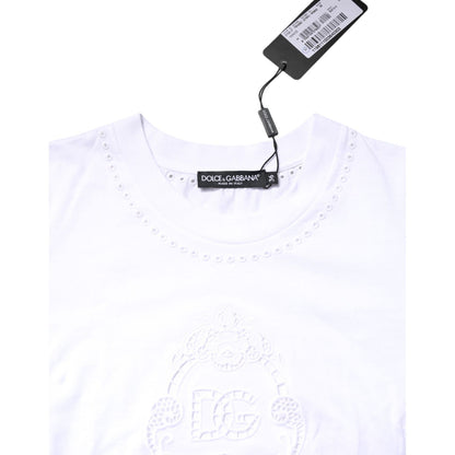 Dolce & Gabbana White Cotton Floral Logo Crew Neck T-shirt