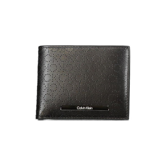 Calvin Klein black leather wallet with RFID blocking, double card spaces, contrast details, and logo embossing.