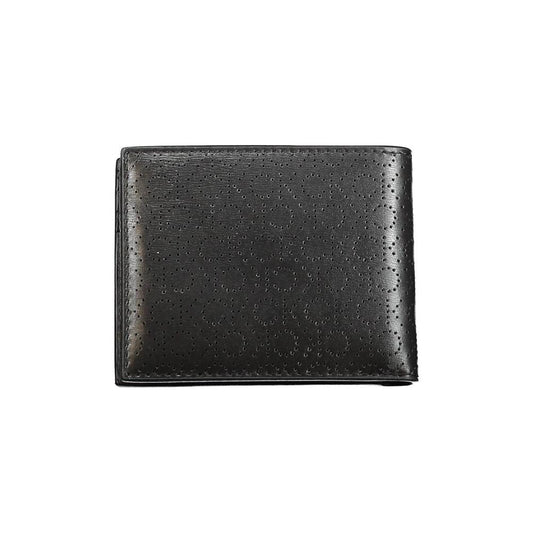 Calvin Klein black leather wallet with double card spaces, RFID blocking, contrast details, embossed logo design.
