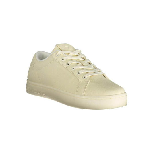 Calvin Klein white polyester men’s sneaker with breathable upper, removable footbed, and contrasting accents for stylish comfort.