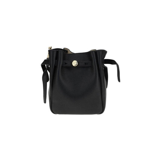 Black Tory Burch Romy Smartphone Shoulder Case in grained leather with adjustable strap and elegant belt embellishment.