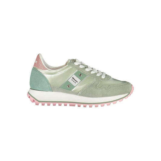 Blauer green polyester women sneaker with pink accents, side view, showcasing style and comfort with removable footbed