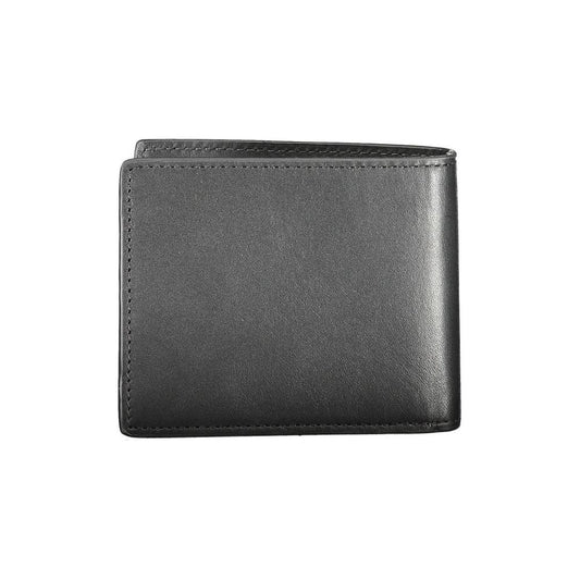 Tommy Hilfiger black leather men's wallet with signature logo, featuring a sleek, elegant design and double compartment space for cards.