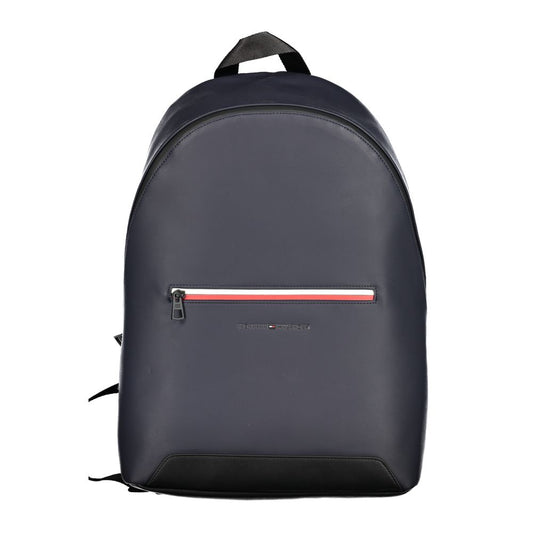 Tommy Hilfiger blue polyester backpack with adjustable straps, external pocket, internal storage, zip closure, and logo.
