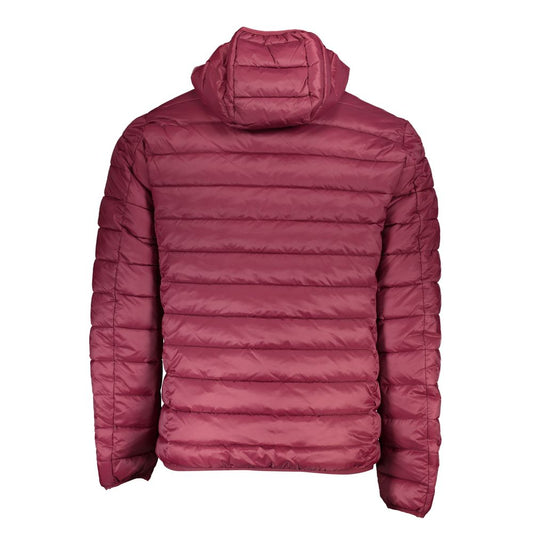 Back view of chic pink hooded jacket with unique applique design, showcasing quilted pattern and warm polyamide material.