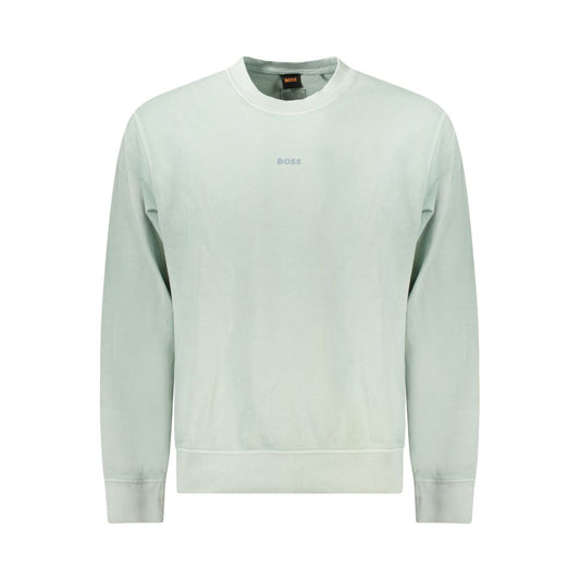 Hugo Boss Green Cotton Men Sweater with crew neck and logo, showcasing a stylish and comfortable design for a sophisticated casual look.