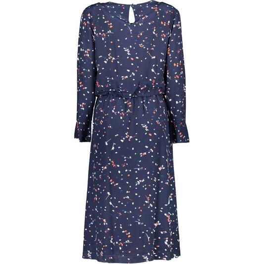 Gant blue viscose women's dress with floral pattern, long sleeves, round neck, and elastic waistband, featuring elegant back button closure.